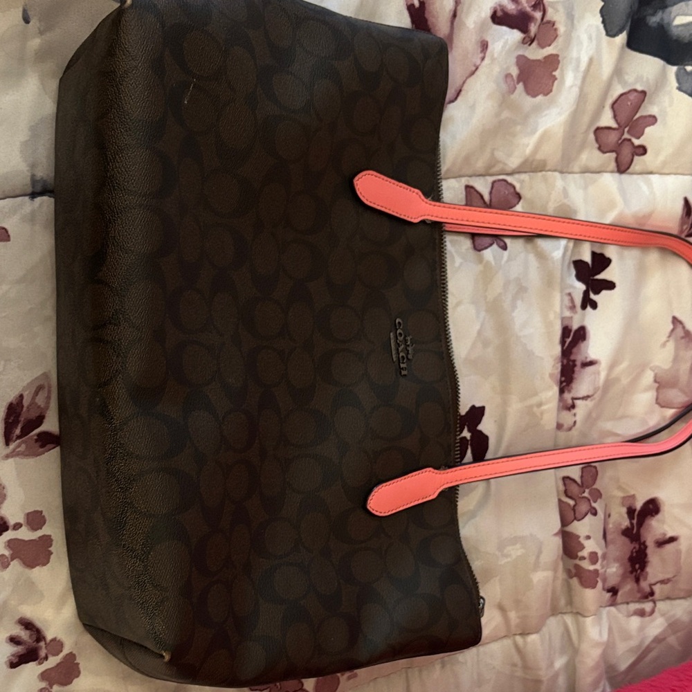 Coach Signature Brown Tote with Pink Handles